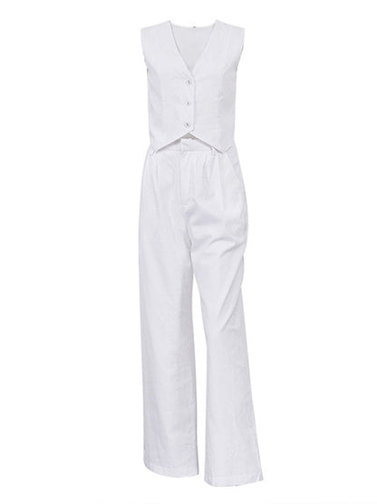 Women s Summer Cotton Linen Outfits Solid V-Neck Button Vest Wide Leg Pants Set Blazer Suits