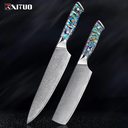 XITUO 67 Layer Damascus Steel Kitchen Knives Set Abalone Handle Sharp Santoku Bread Boning Knife Practical Kitchen Cutting Tools