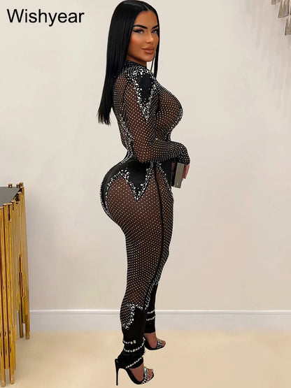 Wishyear Luxury Rhinestones Sparkle Long Sleeve Skinny Mesh Black Jumpsuits Women's Birthday Sexy Night Club One Piece Rompers