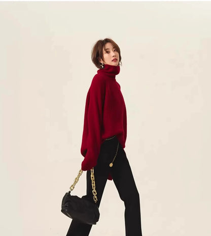 Turtleneck 100% cashmere sweater women loose thickening age reduction niche vintage red crewneck sweater women long sleeves