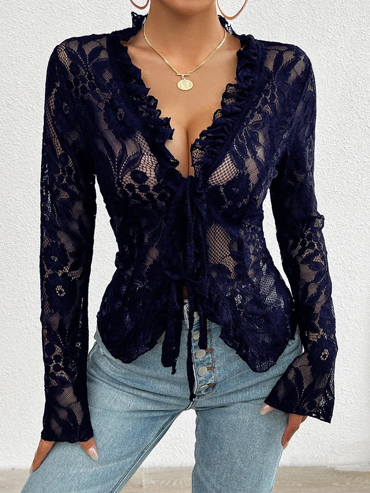 Women's Summer Long Sleeve Lace See-through Sexy Blouse,Shirts & Blouses,Women Clothing,Womens Tops And Blouses,Tops For Women