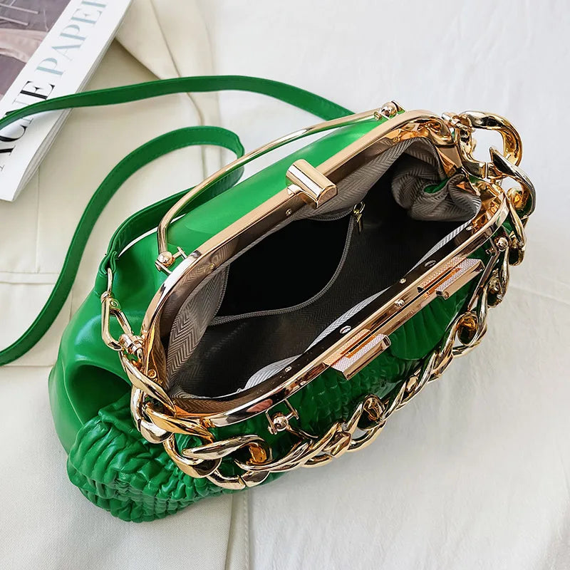 2023 Luxury Women Pink Green Pleat Shoulder Bags Gold Thick Chain Messenger Bags Totes PU Leather Handbags Lady Evening Clutch