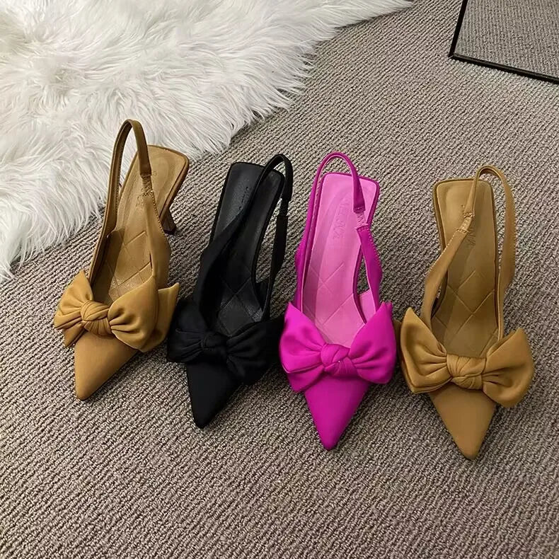 Women Shoes 2024 Spring New Butterfly Knot Women Slingbacks Heels Shoes Sexy Dress Thin Heel Pointed Toe Ladies High Heels Women