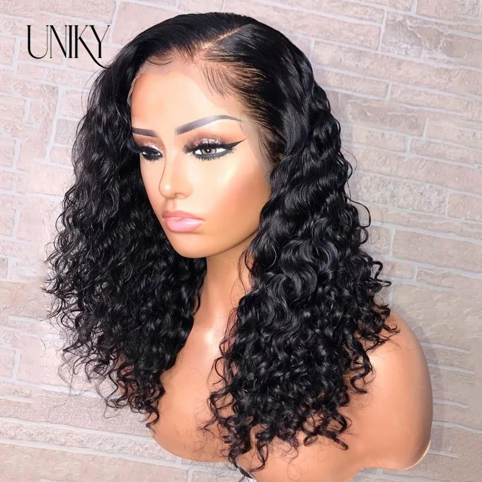 Water Wave Lace Wigs 180Density Transparent 4x4 Closure Lace Wigs For Women Deep Curly Bob Wig Side Part T Part Human Hair Wigs