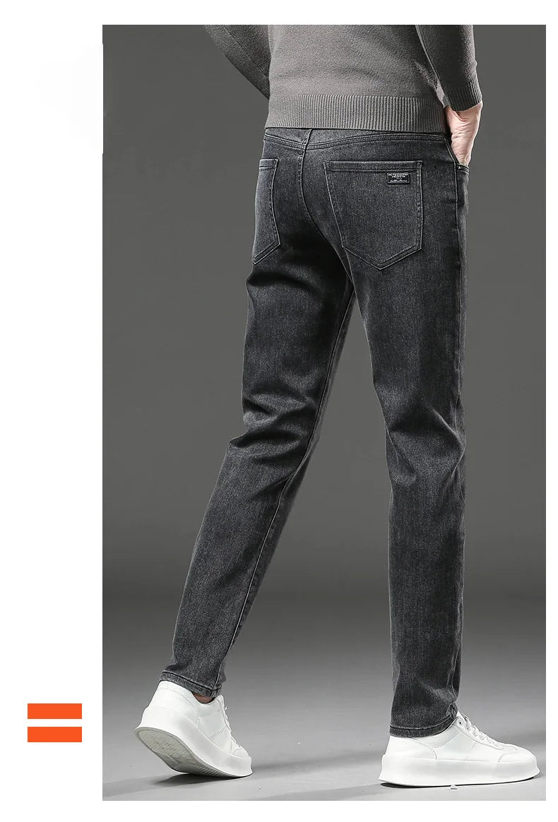 Winter Fleece Thick Warm Jeans Men's Slim Straight Elastic Denim Pants Casual Male Clothing Fashion Plush Trousers