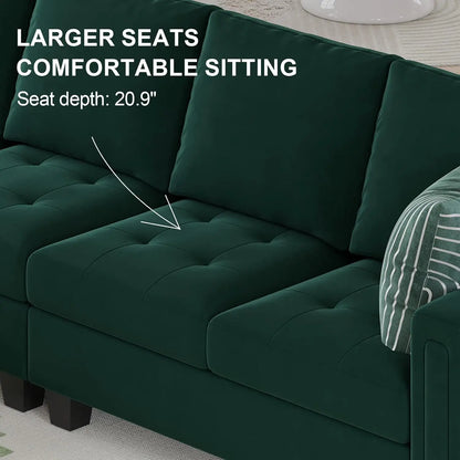 Velvet Reversible Sectional Sofa with Chaise Convertible L Shaped 4 seat Sectional Couch with Storage Ottomans Green