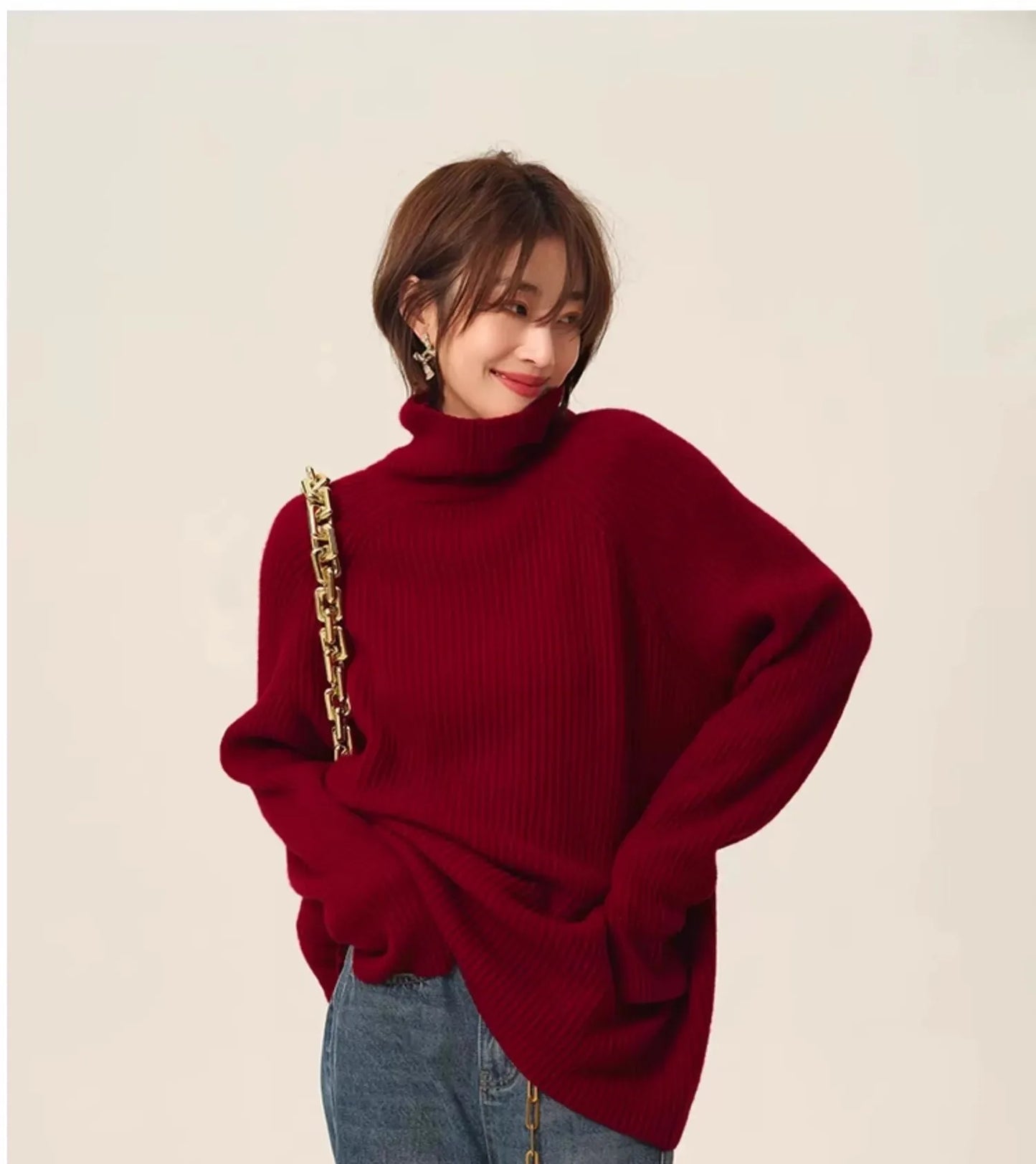 Turtleneck 100% cashmere sweater women loose thickening age reduction niche vintage red crewneck sweater women long sleeves