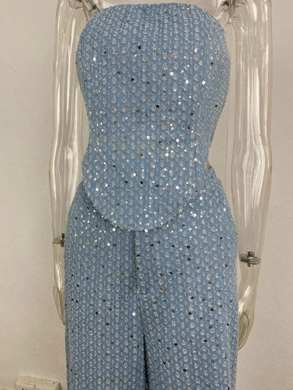 Two Piece Set Women's Fashion Denim Sequin Strapless Vest+Wide Leg Pants Suits Chic Sleeveless Short Tops and Trousers Outfits