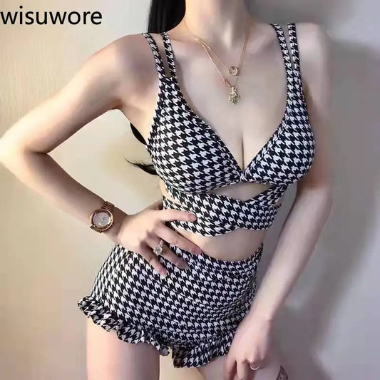 WISUWORE Plaid Swimwear Ladies Korea 2023 New Star Same Swim Bikini Hollow Out Cross Straps Sexy Bikini Swimsuit Women Bikinis