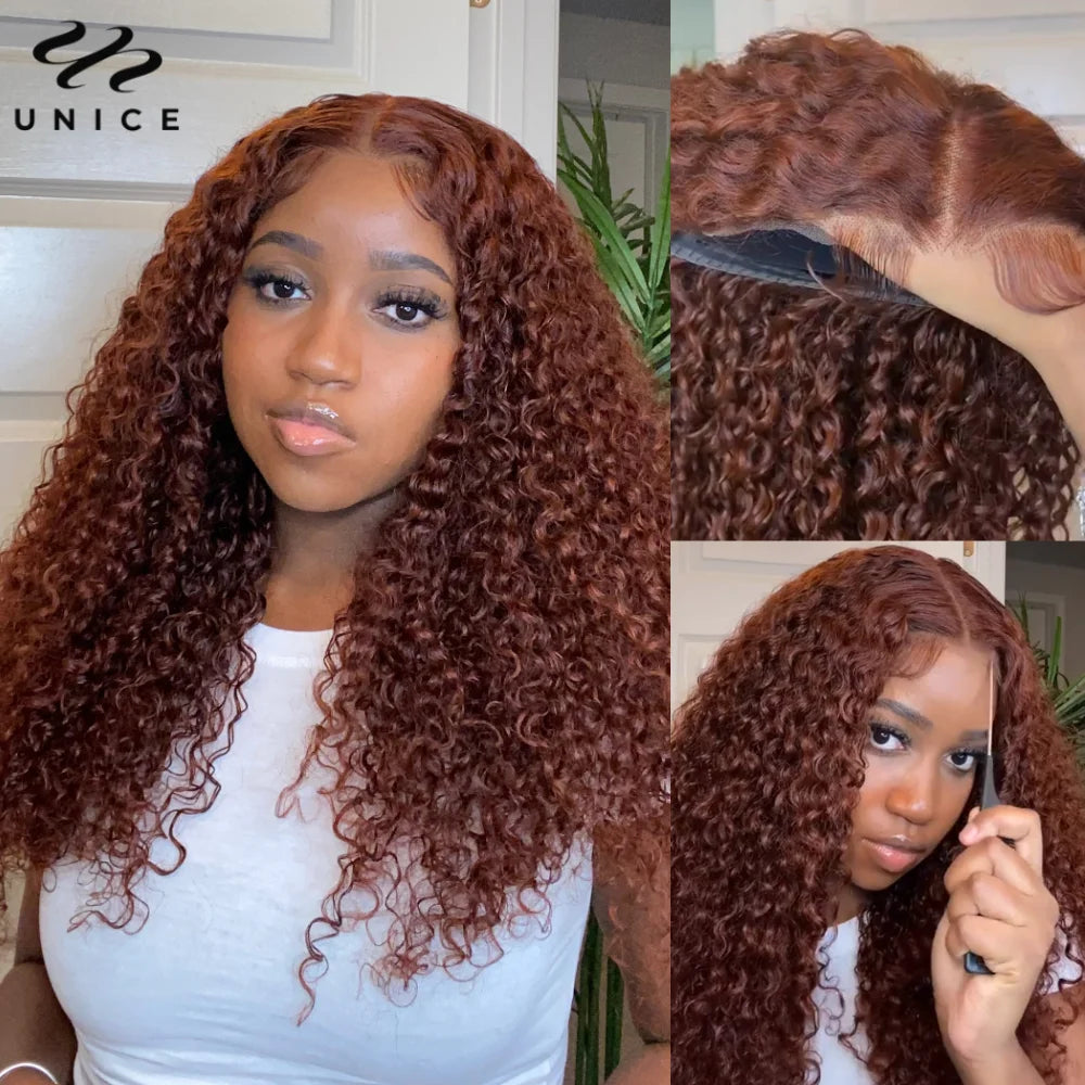 UNice Hair 200% Density Reddish Brown Curly Wig 7x5 Pre Cut Pre Bleached Glueless Wig Human Hair Ready To Wear