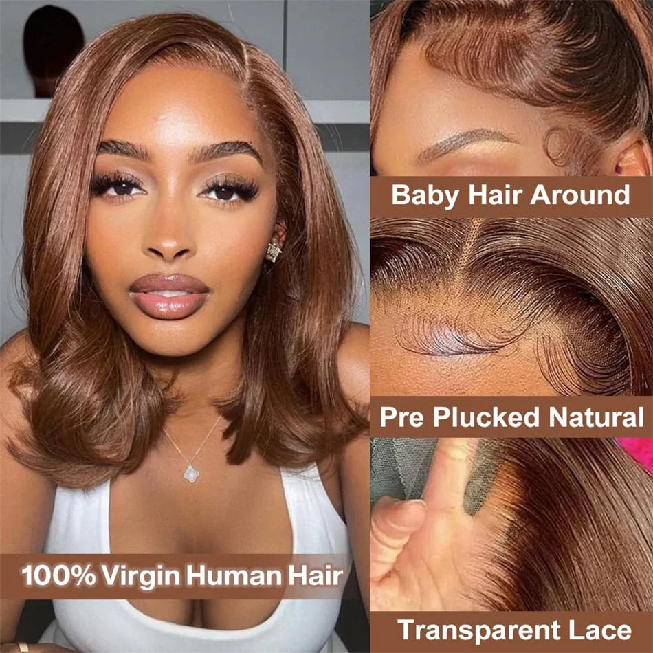 Vietname Super Double Drawn Bone Straight 13x4 Frontal Bob Wig with 100% Human Hair Chocolate Brown 180% Density For Black Women