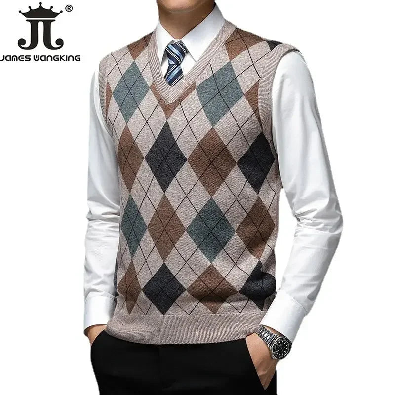 Woolen Sweater Warm Autumn and Winter New Men's Boutique Fashion Diamond -shaped Lattice Casual Business V -neck Sweater Vest