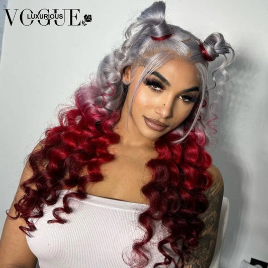 Ombre Silver Grey Colored Lace Front Wig Preplucked Red 4x4 Closure Wigs Ready to Wear Brazilian Virgin Human Hair Loose Deep