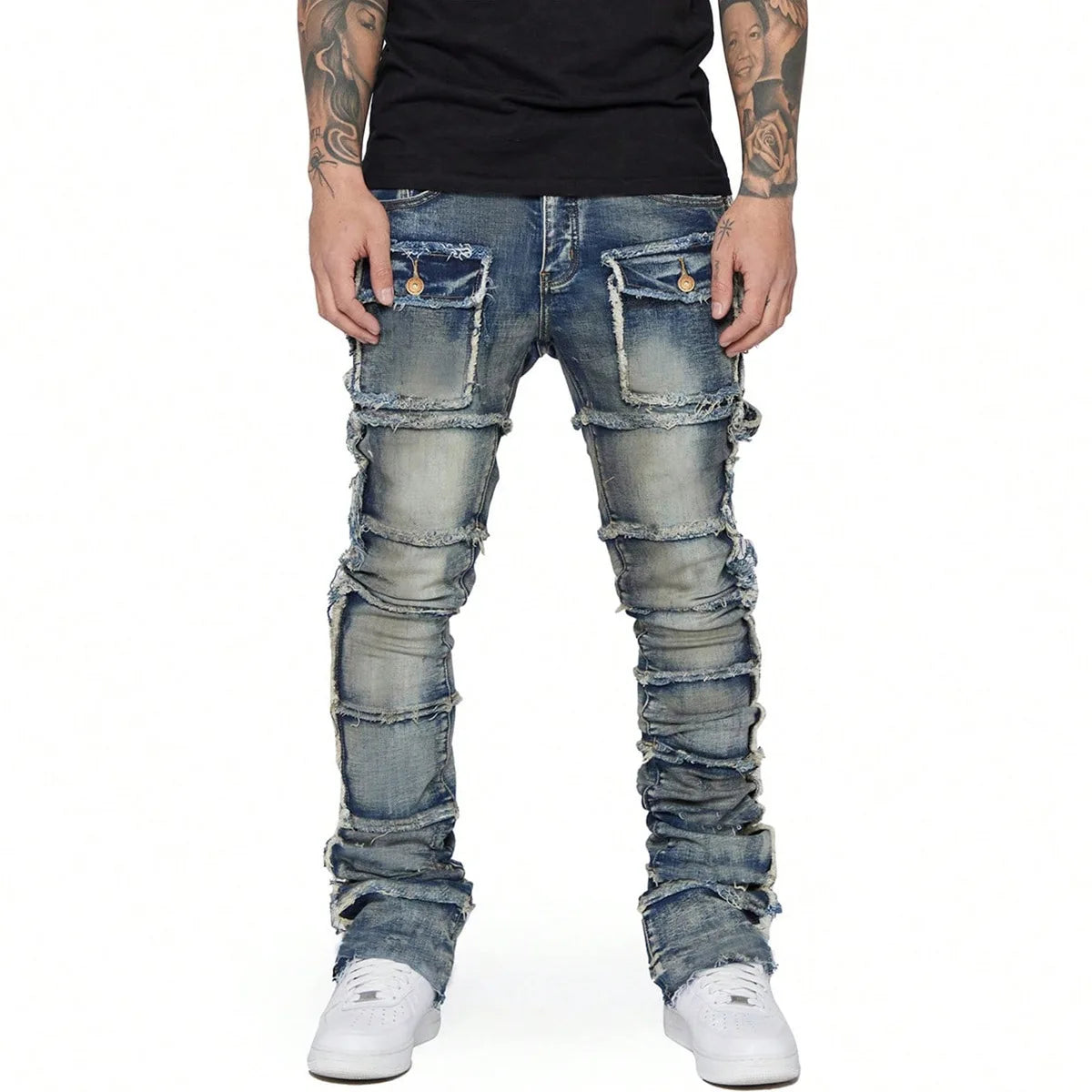 Trendy Men Jeans, European and American Fashionable Workwear with Patch, Elastic, Laminated and Slightly Flared Men Denim Pants.