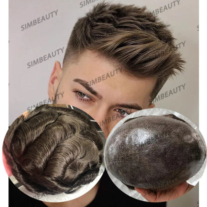 100% Human Hair Men Toupee Natural Hairline Full Skin Pu Base Durable Thin 0.1mm Male Wigs Replacement Unit Capillary Prosthesis