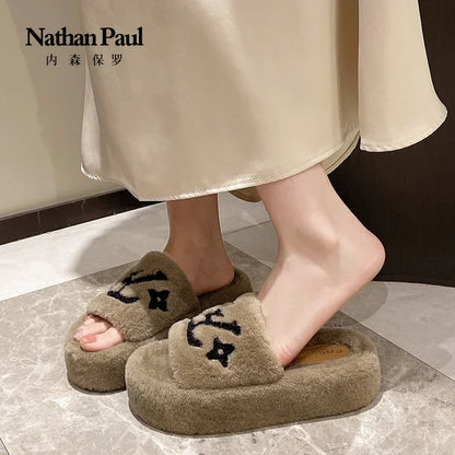 women's slippers solid color fluffy slippers women's winter fashion New women's shoes  thickened warm floor cotton slippers