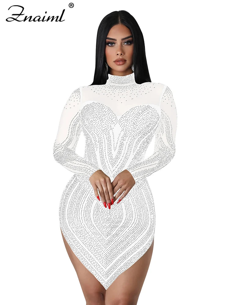 Znaiml Luxury Sheer Mesh Patchwork White Short Dress for Women Sparkly Crystal Rhinestones  Party Night Club Birthday Vestidos