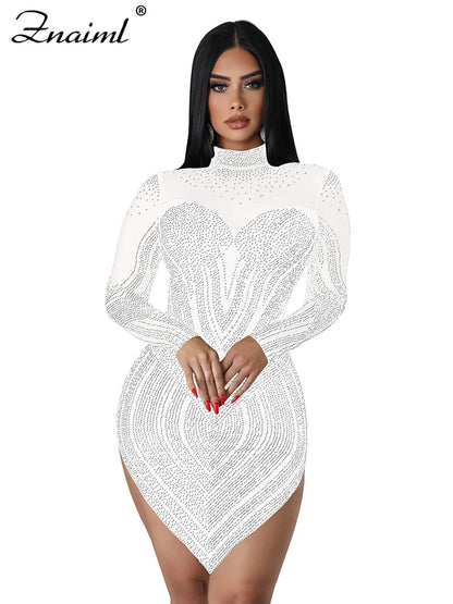 Znaiml Luxury Sheer Mesh Patchwork White Short Dress for Women Sparkly Crystal Rhinestones  Party Night Club Birthday Vestidos