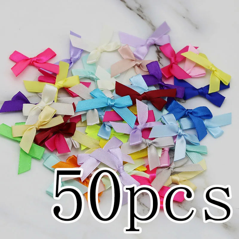 (50 Pcs) 4*4cm Colourful Ribbon Bows Small Size Polyester Satin Ribbon Bow Flower DIY Craft Decoration