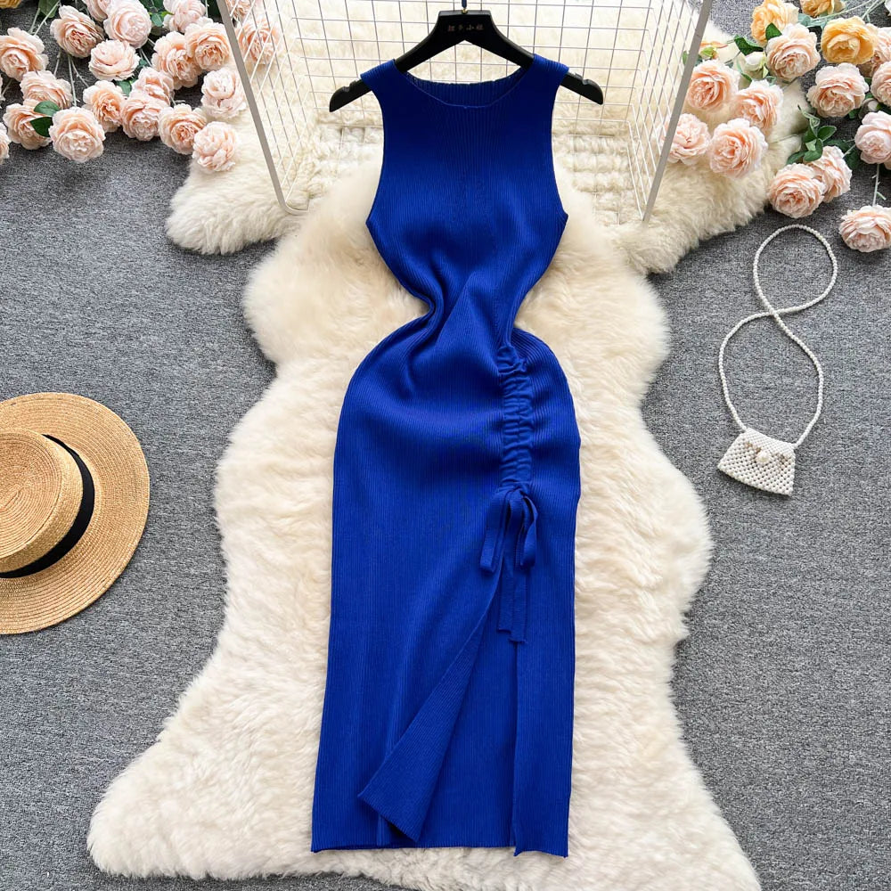 YuooMuoo Fashion Summer Bodycon Knitted Dress Sexy Package Hips Drawstring Split Black Women Dress Basic Lady Party Vestidos