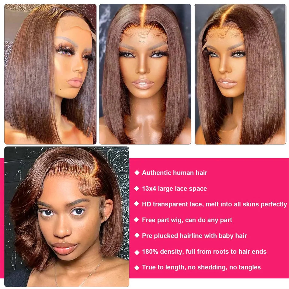 Vietname Super Double Drawn Bone Straight 13x4 Frontal Bob Wig with 100% Human Hair Chocolate Brown 180% Density For Black Women