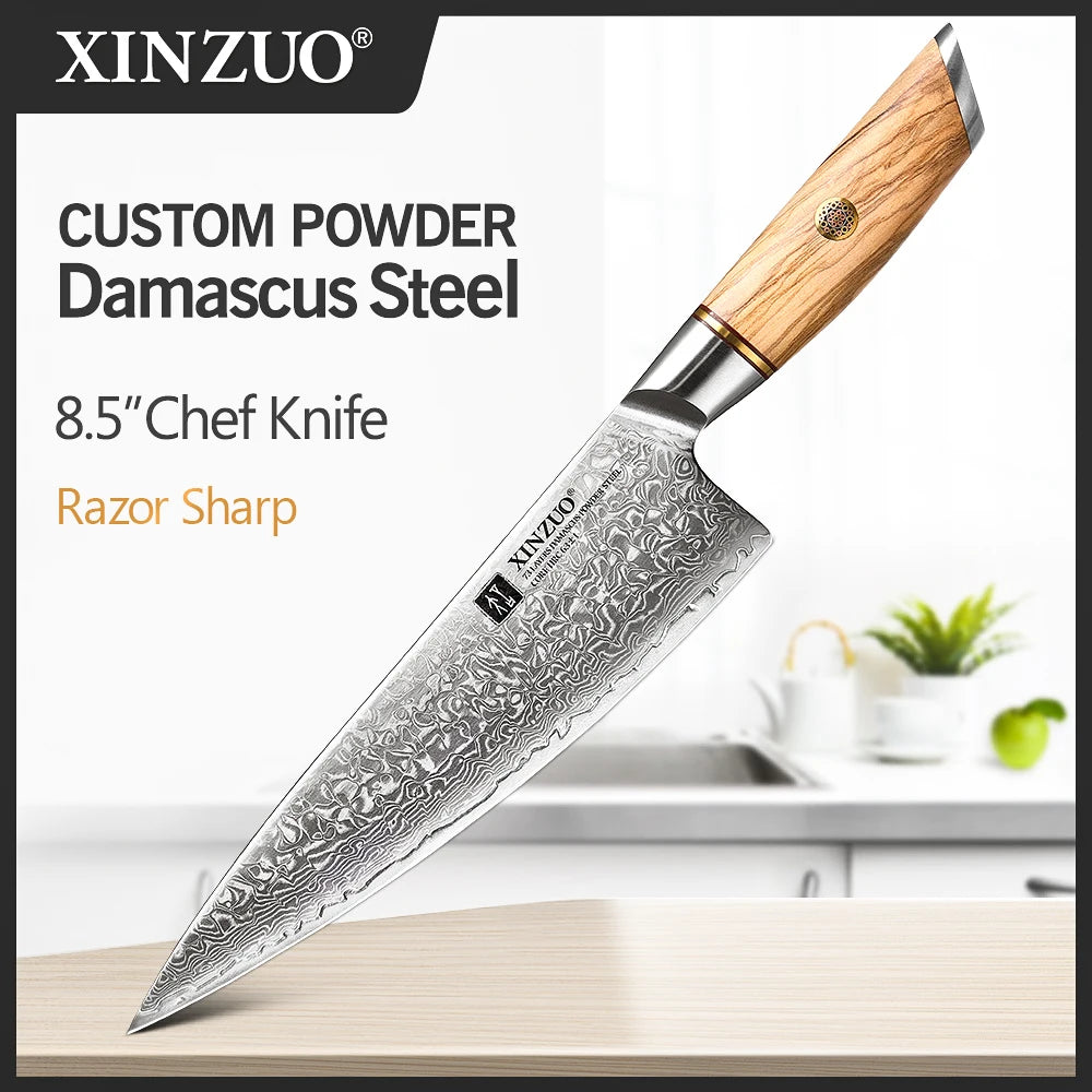 XINZUO 1-8pcs Kitchen Knife Set 73 Layers Custom Damascus Steel 15°±1 Per Side Steel Blade with Olive Wood Handle