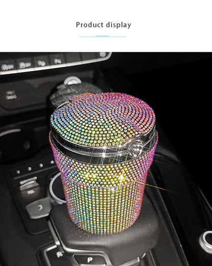 Crystal Diamond Car Ashtray Auto Portable Bling Cigarette Smokeless with LED Light Indicator Car Accessories for Women