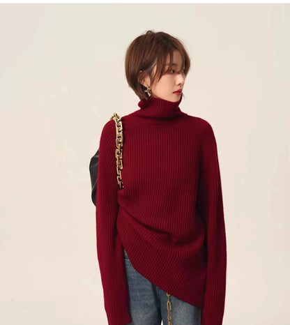 Turtleneck 100% cashmere sweater women loose thickening age reduction niche vintage red crewneck sweater women long sleeves