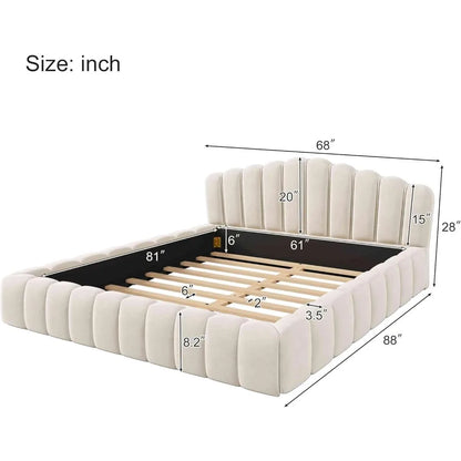 Upholstered King Size Bed with Shell Headboard, Velvet Floor Bedstead, Solid Flat Noodles Support, Luxurious Bedroom