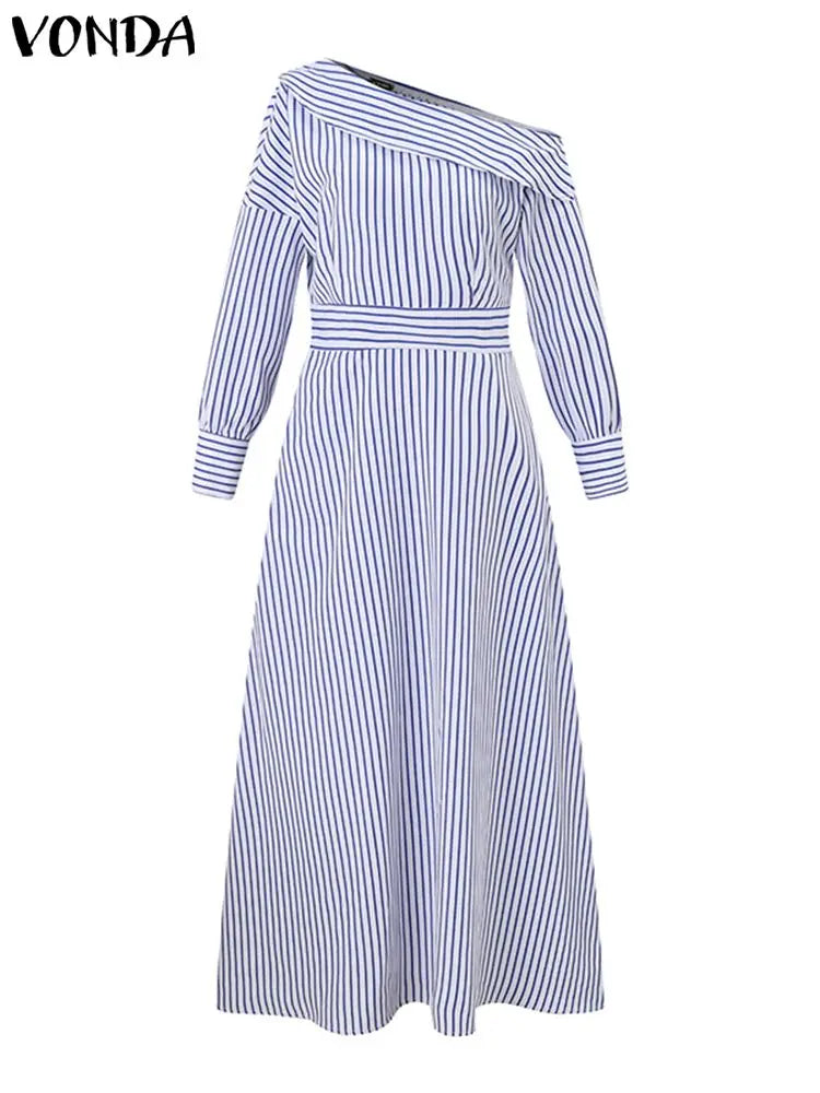 VONDA 2024 Women Elegant Striped Maxi Dress Bohemian Sundress Casual Loose Off Shoulder Long Sleeve Party Vestidos Robe Femme