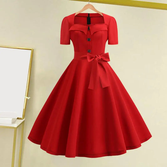 Vintage Pin-up Dress 1950s Rockabilly Dress Retro 1950s A-line Midi Dress with Square Neck Big Hem Button Decor Color Matching