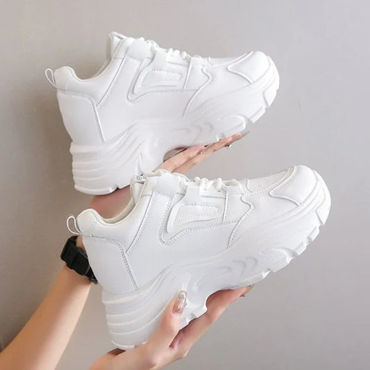 Women's Sneakers 2025 Spring Lace-Up Thick Bottom Vulcanize Shoes Woman Pu Leather Breathable White Black Sports Shoes Ladies