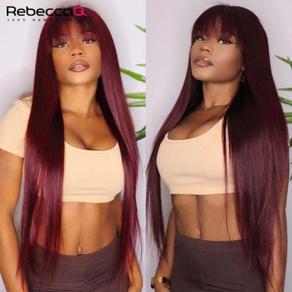 Wear to go 99J Wig Burg Red Bone Straight Human Hair Wig With Bangs For Women Brazilian Remy Hair Colored Halloween Cosplay Wigs