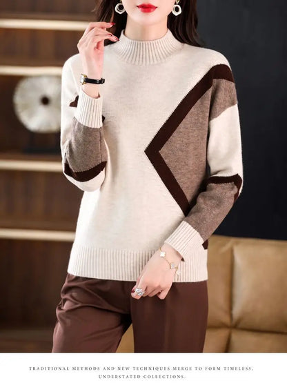 Velvet and Thickened Women's Top 2024 New Autumn/Winter Korean Edition Color Block Knitted Half High Neck Sweater