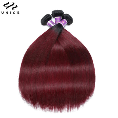 UNICE Hair Ombre Burgundy Straight Human Hair Bundles 3/4 PCS Deal Pre Colored 1B/99J Hair Bundles With Dark Root 8-30 Inch