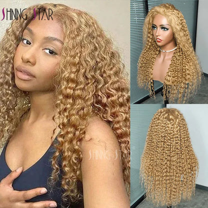 13x4 Honey Blonde Curly Lace Front Human Hair Wigs 13x4 Transparent Lace Frontal Wigs Deep Wave Preplucked Remy Wigs For Women