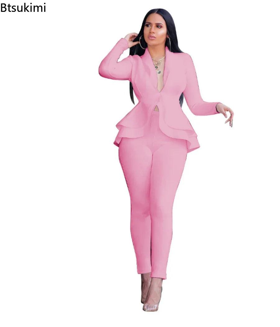 2024 Women's Formal Set 2PCS Tracksuit Full Sleeve Ruffles Blazers Pencil Pants Suit Two Piece Set Office Lady Outfits Uniform