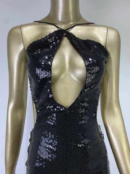 Women Summer Luxury Sexy Backless Halter Black Mesh Sequins Maxi Long Gowns Dress Elegant Celebrity Evening Party Club Dress