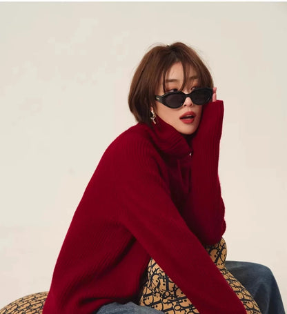 Turtleneck 100% cashmere sweater women loose thickening age reduction niche vintage red crewneck sweater women long sleeves