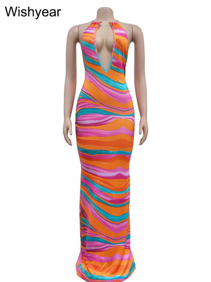 Wishyear Stripe Print V-neck Halter Sleeveless Backless Bodycon Long Maxi Dress Women Summer Beach Night Club Birthday Vestidos