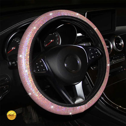 Universal Car Steering Wheel Cover 38cm Faux Leather Rhinestones Imitation Diamond Anti-slip Pink Steering Wheel Cover For Girls