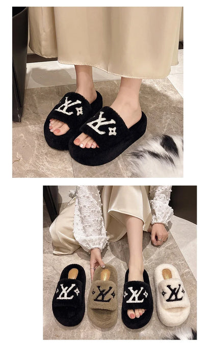 women's slippers solid color fluffy slippers women's winter fashion New women's shoes  thickened warm floor cotton slippers