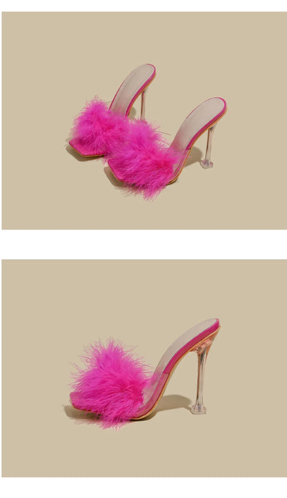 Women Rabbit White Fur Clear PVC Slippers Square Toe Stilettos Slides Transparent Crystal High Heels Sandals Mules Glass Heels