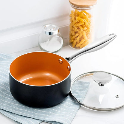 Ultra Nonstick Saucepan Set of 3, Ceramic Saucepans with Lids, 1 Qt & 2 Qt & 3 Qt Small Pot Set, Copper Sauce Pan with Lid