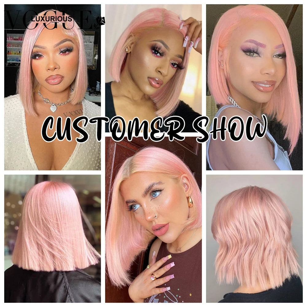 13x4 Lace Frontal Light Pink Women Wig Preplucked 4x4 Closure Short Bob Glueless Wigs Ready to Wear Brazilian Virgin Human Hair