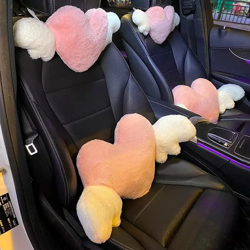 Pink Car Headrest Cushion Neck Pillow Heart Shape Plush Girly Cute Interior Car Seat Accessories For Women Car Decoration