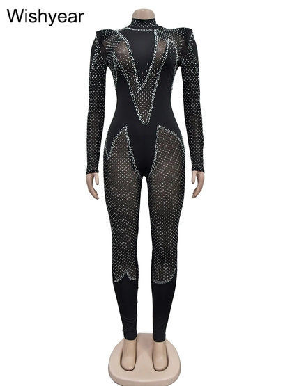 Wishyear Luxury Rhinestones Sparkle Long Sleeve Skinny Mesh Black Jumpsuits Women's Birthday Sexy Night Club One Piece Rompers