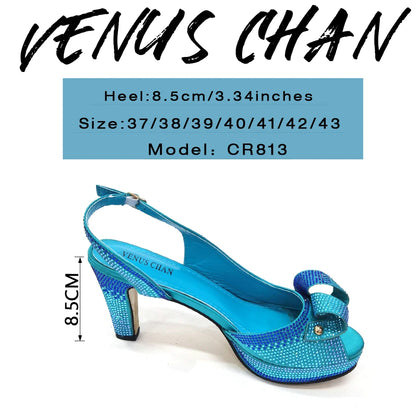 Venus Chan Newest INS Style Peach Color Rhinestone Elegant High Heels Nigeria Popular Design African Ladies Shoes And Bag Set