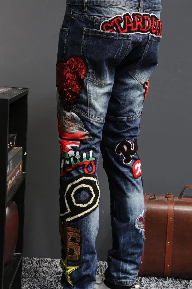 Wind Personality Beauty Embroidered Jeans Male Embroidery Flocking Self-cultivation Directly Canister Long Pant Jeans Homme