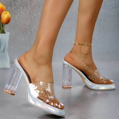 2024 Summer New Outwear Open Toe Large Slippers Sexy Transparent Water Diamond Crystal Heels Versatile Single Shoes for Women